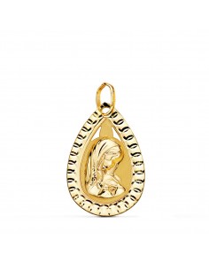 9K MEDALLA ORO AMARILLO GOTA CON VIRGEN NIÑA Y BORDE TALLADO 20X13 MM