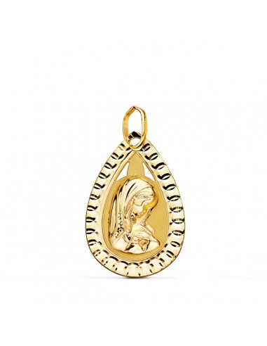 9K MEDALLA ORO AMARILLO GOTA CON VIRGEN NIÑA Y BORDE TALLADO 20X13 MM