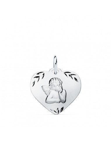 9K COLGANTE ORO BLANCO CORAZON CON ANGELITO TALLADO 16X14 MM