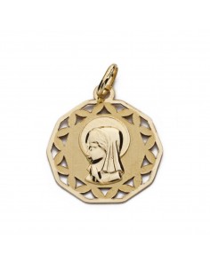 9K MEDALLA ORO AMARILLO VIRGEN NIÑA CALADA MATE Y BRILLO 17X17 MM