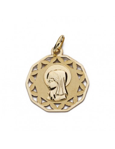 9K MEDALLA ORO AMARILLO VIRGEN NIÑA CALADA MATE Y BRILLO 17X17 MM