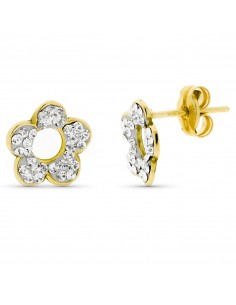 9K PENDIENTES ORO AMARILLO FLOR PIEDRAS 9X9MM CIERRE PRESION