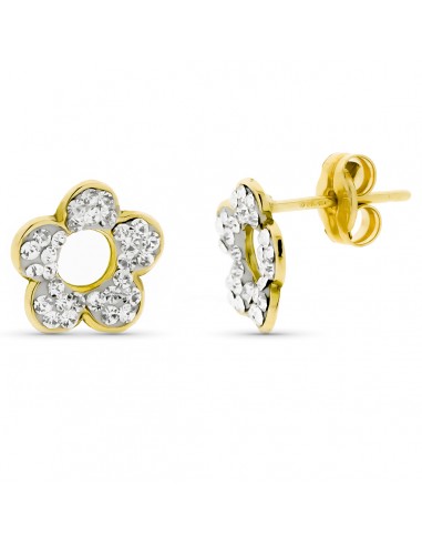9K PENDIENTES ORO AMARILLO FLOR PIEDRAS 9X9MM CIERRE PRESION