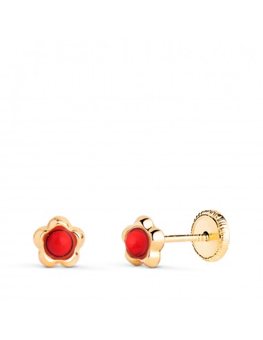 9K PENDIENTES ORO AMARILLO FLOR CON CORAL DE 2 4MM. MEDIDA: 5 3 X 5MM. CIERRE TUERCA