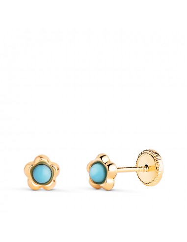 9K PENDIENTES ORO AMARILLO FLOR CON TURQUESAS DE 2 4MM. MEDIDA: 5 3 X 5MM. CIERRE TUERCA