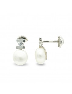 9K PENDIENTES ORO BLANCO PERLA CIRCONITA 10X6 MM CIERRE TUERCA