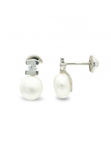 9K PENDIENTES ORO BLANCO PERLA CIRCONITA 10X6 MM CIERRE TUERCA
