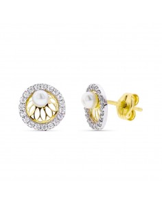 9K PENDIENTES ORO BICOLOR REDONDOS CON PERLA 3MM Y CIRCONITA 8 MM PRESION
