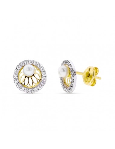9K PENDIENTES ORO BICOLOR REDONDOS CON PERLA 3MM Y CIRCONITA 8 MM PRESION
