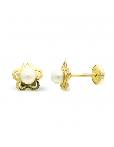 9K PENDIENTES ORO AMARILLO FLOR 7 MM Y PERLA 3.5MM CIERRE TUERCA