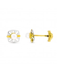 9K PENDIENTES ORO BICOLOR CALADOS CON PERLA 6X5 MM CIERRE TUERCA