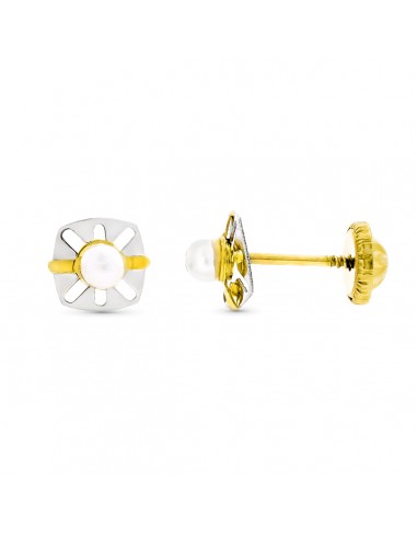 9K PENDIENTES ORO BICOLOR CALADOS CON PERLA 6X5 MM CIERRE TUERCA