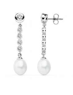 9K PENDIENTES ORO BLANCO PERLA 40X10 MM CIERRE PRESION