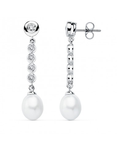 9K PENDIENTES ORO BLANCO PERLA 40X10 MM CIERRE PRESION