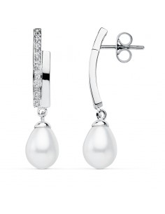 9K PENDIENTES ORO BLANCO PERLA 32X8 MM CIERRE PRESION