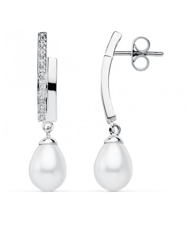 9K PENDIENTES ORO BLANCO PERLA 32X8 MM CIERRE PRESION