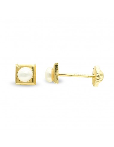 9K PENDIENTES ORO AMARILLO CUADRADOS 4 MM PERLA3 MM CIERRE TUERCA