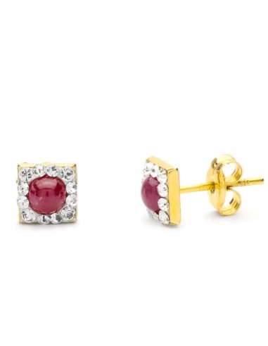 9K PENDIENTES ORO AMARILLO CUADRADO PIEDRA CABUJON REDONDO 4 MM Y CIRCONITAS 6X6 MM. CIERRE PRESION