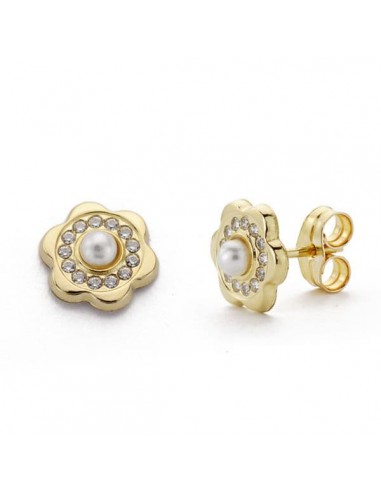 9K PENDIENTES ORO AMARILLO FLOR Y PERLA 8X8 MM CIERRE PRESION