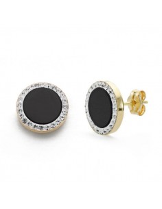 9K PENDIENTES ORO BICOLOR ONIX Y CIRCONITA 11 MM CIERRE PRESION