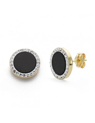 9K PENDIENTES ORO BICOLOR ONIX Y CIRCONITA 11 MM CIERRE PRESION