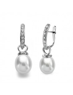 9K PENDIENTES ORO BLANCO PERLA 28X9 MM CIERRE CATALAN