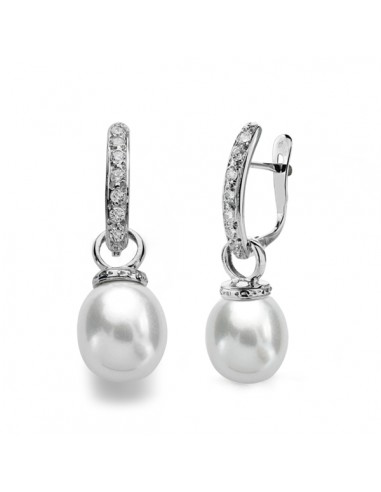 9K PENDIENTES ORO BLANCO PERLA 28X9 MM CIERRE CATALAN