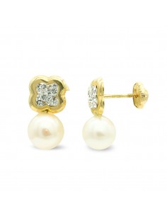 9K PENDIENTES ORO AMARILLO TU Y YO FLOR CON CIRCONITAS Y PERLA. 13X7 MM.CIERRE TUERCA