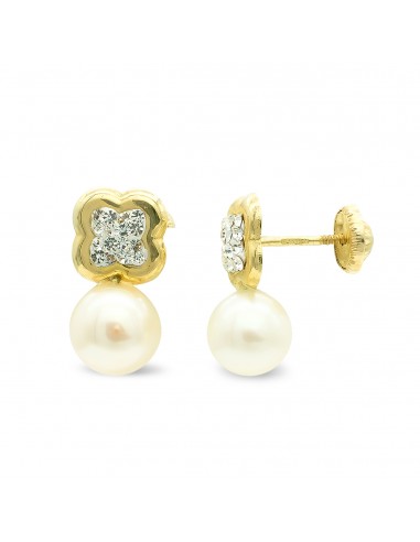 9K PENDIENTES ORO AMARILLO TU Y YO FLOR CON CIRCONITAS Y PERLA. 13X7 MM.CIERRE TUERCA