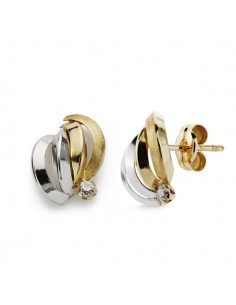 9K PENDIENTES ORO BICOLOR BANDAS CON CIRCONITA 10X9 MM CIERRE PRESION