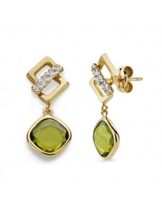 9K PENDIENTES ORO AMARILLO PIEDRA VERDE Y CIRCONITA 23X10 MM CIERRE PRESION