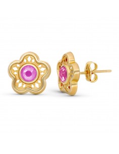 9K PENDIENTES ORO AMARILLO FLOR 11MM PIEDRA ROSA