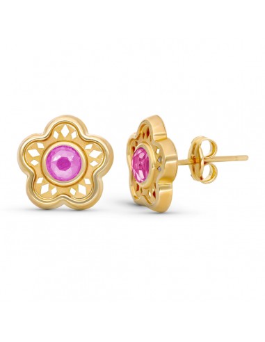 9K PENDIENTES ORO AMARILLO FLOR 11MM PIEDRA ROSA