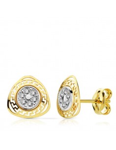 9K PENDIENTES ORO BICOLOR TRIANGULO CALADO GRECA CON CIRCONITAS. 8 X 8 MM