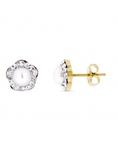 9K PENDIENTES ORO AMARILLO FLOR CON CIRCONITAS Y PERLA 5 MM. MEDIDA: 7X7 MM. CIERRE PRESION