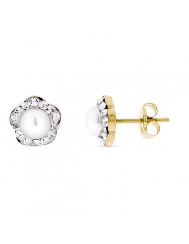 9K PENDIENTES ORO AMARILLO FLOR CON CIRCONITAS Y PERLA 5 MM. MEDIDA: 7X7 MM. CIERRE PRESION