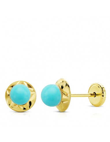 9K PENDIENTES ORO AMARILLO ORLA TALLADA Y TURQUESAS DE 5 MM 7 MM CIERRE TUERCA