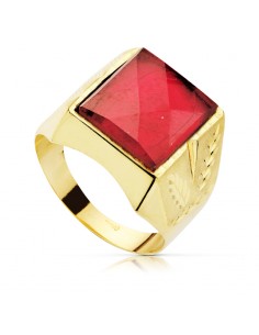 9K SELLO ORO AMARILLO HUECO CABALLERO LATERALES TALLADOS PIEDRA ROJA 13 5 X 11 5MM