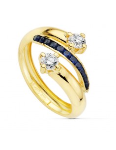 9K SORTIJA ORO AMARILLO BANDAS CON CIRCONITAS AZULES Y BLANCAS. ANCHO: 14 MM
