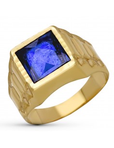 9K SELLO ORO AMARILLO HUECO CABALLERO PIEDRA AZUL 9MM