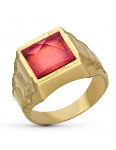 9K SELLO ORO AMARILLO HUECO CABALLERO PIEDRA ROJA 9MM