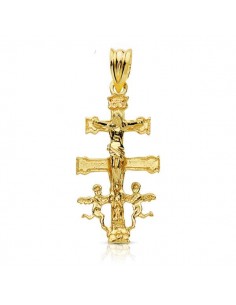 9K CRUZ ORO AMARILLO CARAVACA CON CRISTO. MEDIDA: 28 X 14 MM