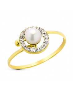 9K SORTIJA ORO AMARILLO AJUSTABLE CON CIRCONITAS Y PERLA DE 4 MM. ANCHO: 8 MM