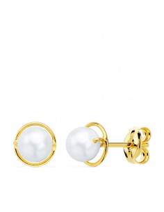 9K PENDIENTES ORO AMARILLO REDONDOS CON PERLAS 5 MM. CIERRE PRESION