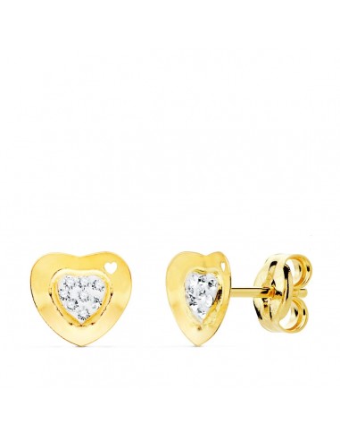 9K PENDIENTES ORO AMARILLO COMUNION CORAZON Y CIRCONITA 7X7 MM PRESION
