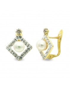 9K PENDIENTES ORO AMARILLO PERLA 4.5MM Y CIRCONITA CIERRE CATALAN