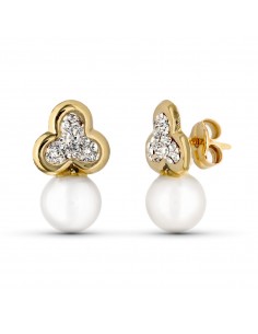 9K PENDIENTES COMUNION ORO AMARILLO TREBOL Y PERLA CULTIVADA 14X8 MM PRESION
