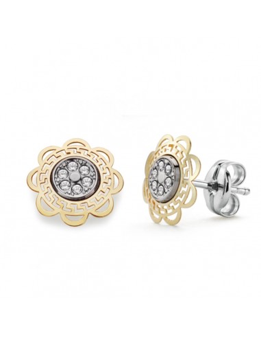 9K PENDIENTES ORO BICOLOR FLOR CALADA CON CIRCONITA 9X9 MM CIERRE PRESION