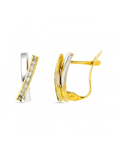 9K PENDIENTES ORO BICOLOR BANDAS CON CIRCONITA 12X6 MM CIERRE CATALAN
