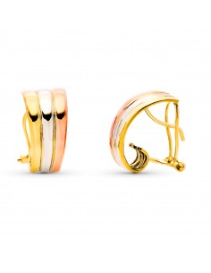 9K PENDIENTES ORO TRICOLOR BANDAS LISAS 18X9 MM CIERRE OMEGA